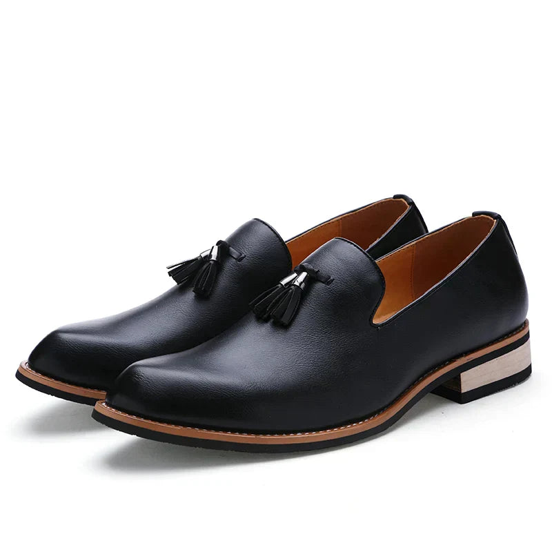 RoyalFoot Mens British Style Leather Loafers With Tassels Premium Dress Shoes For Formal Events