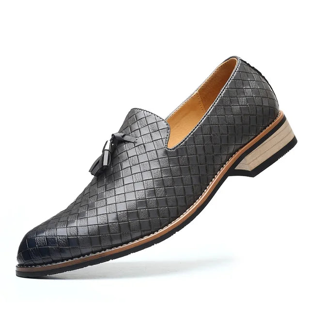 FashionElite Mens Luxury Leather Loafers Premium Woven Slip On Comfort For Office