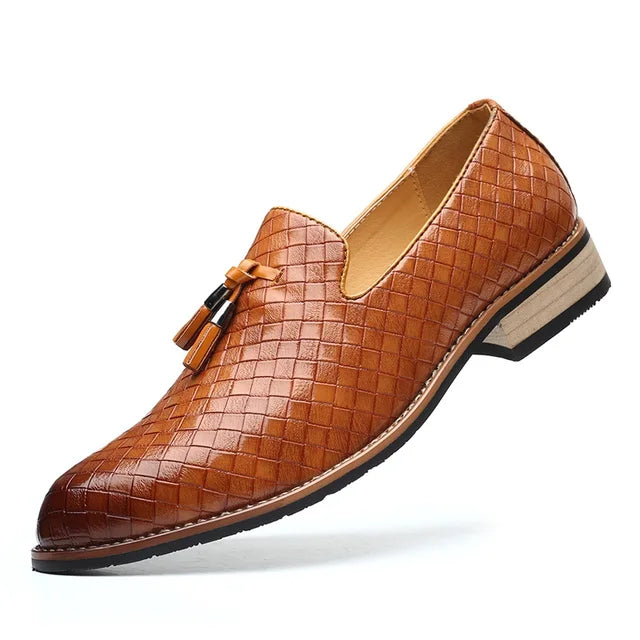 FashionElite Mens Luxury Leather Loafers Premium Woven Slip On Comfort For Office