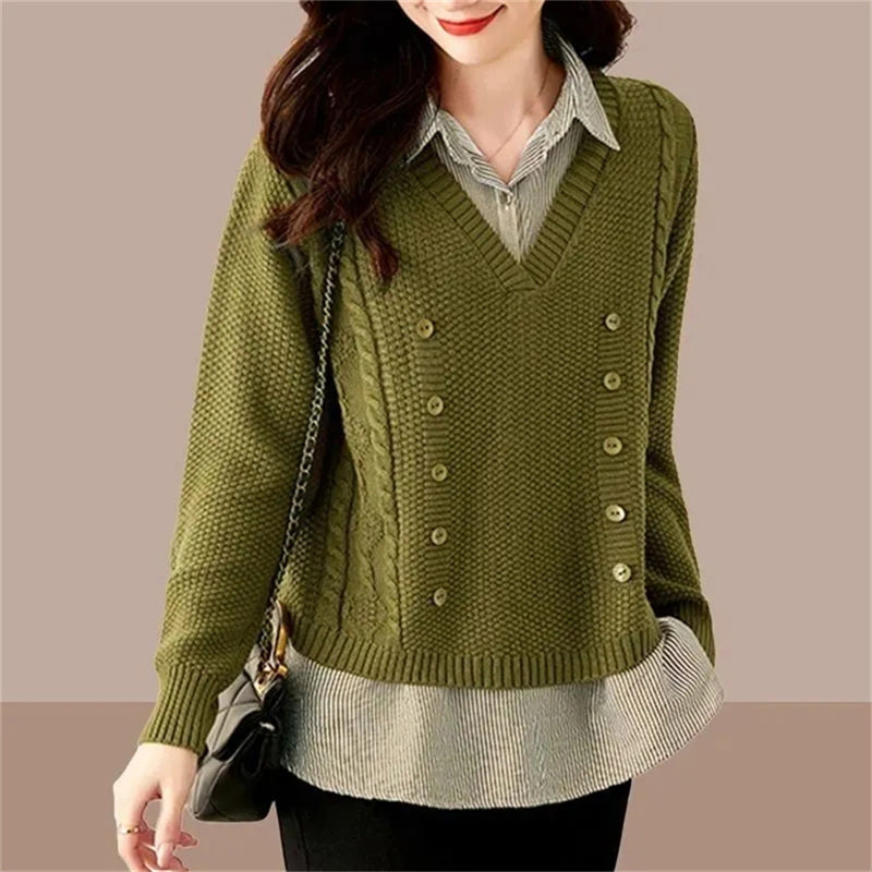 Street-Wave Women's Two Piece Knit Sweater With Collar For Elegant Layered Look Everyday Wear