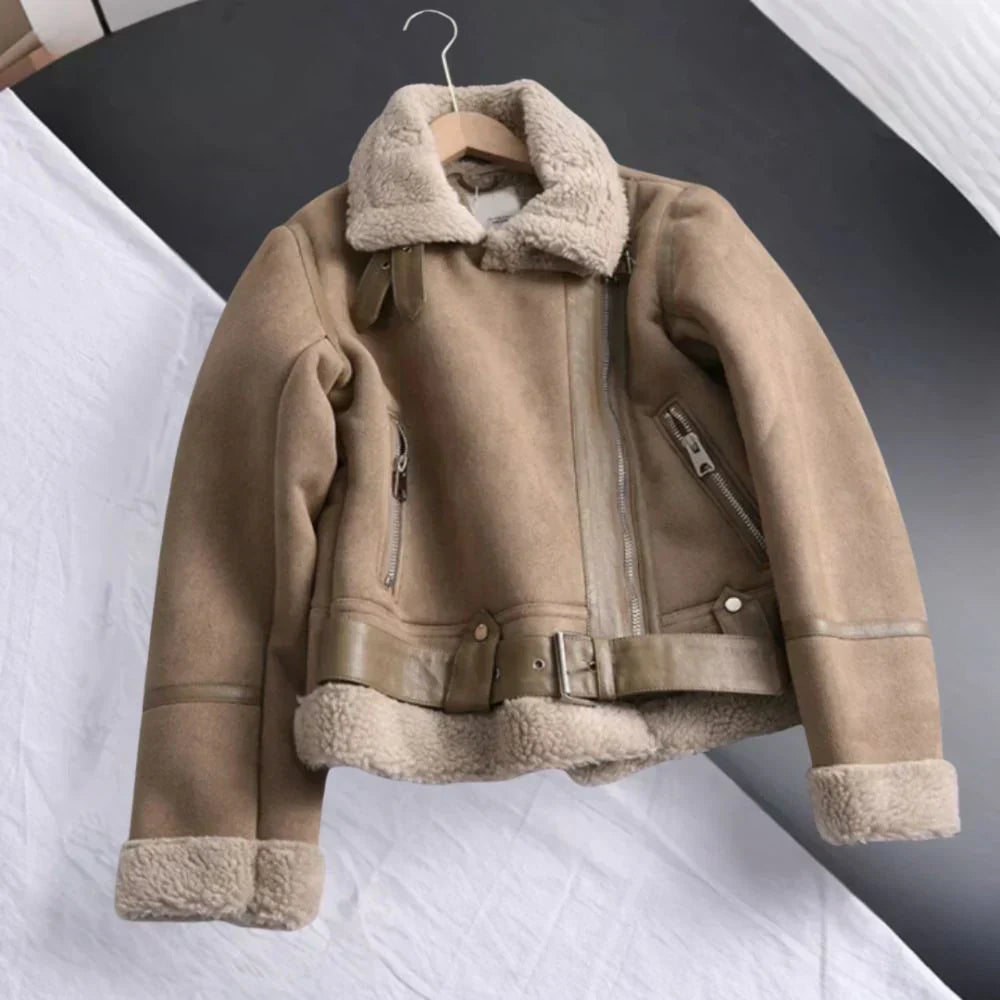 Street-wave Women's Black Shearling Leather Winter Jacket With Belted Waist And Cozy Fleece Lining