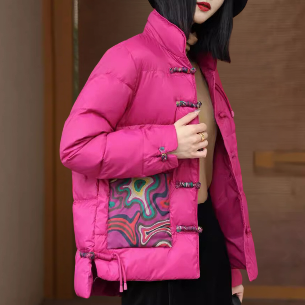 Street-Wave Warm Winter Jacket For Women - Modern Insulated Coat With Cozy Warmth And Colorful Patch Details
