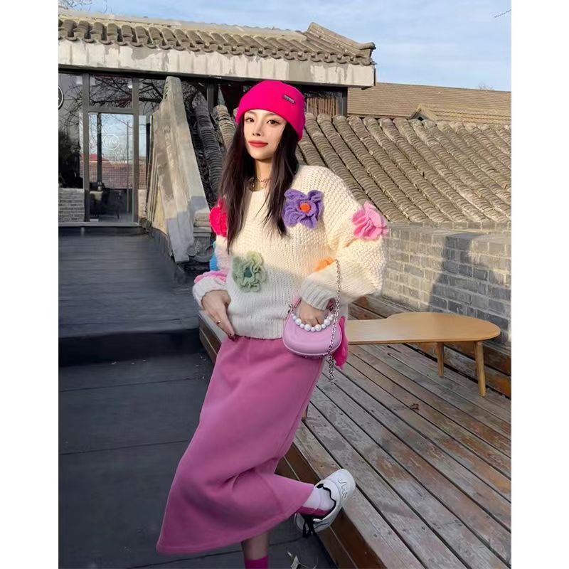 Street-Wave 3D Flower Pullover For Women Cozy Oversized Knit With Floral Embellishments