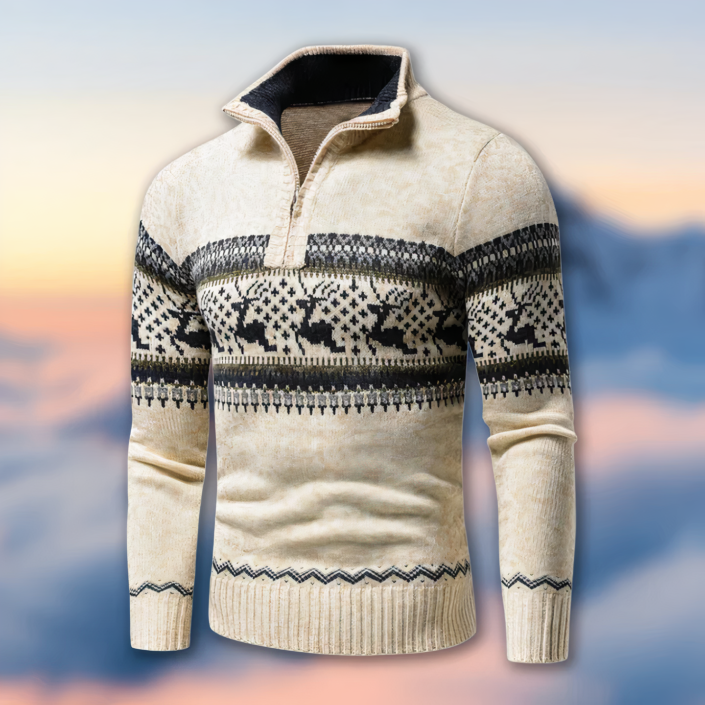 Street-wave Half Zip Knit Pullover For Men, Cozy Nordic Winter Sweater With Modern Style