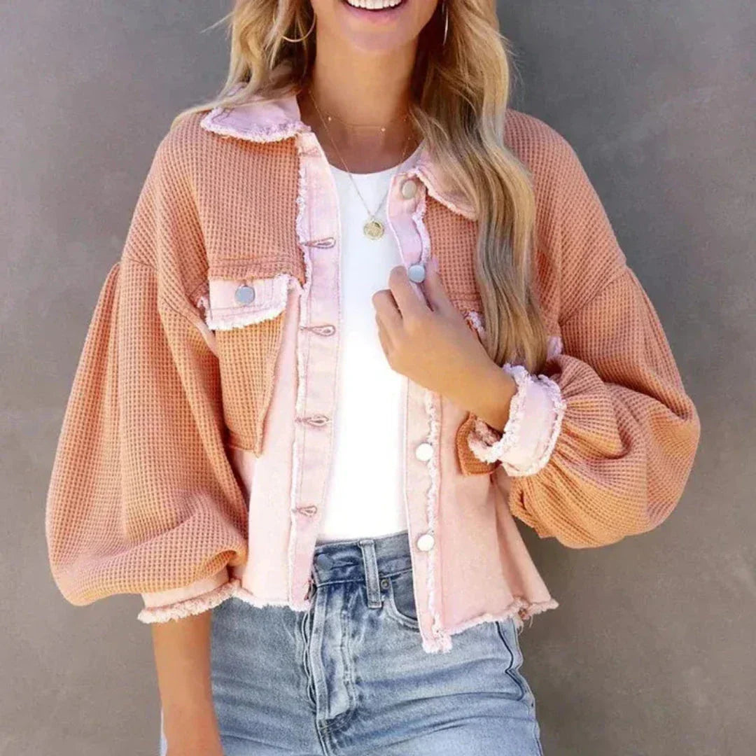 Madison Waffle-Knit Patchwork Denim Jacket