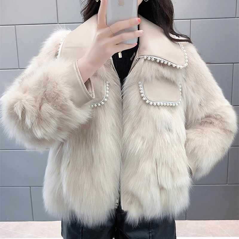 Street-wave Pearl Embellished Faux Fur Jacket For Fashion Forward Women Luxurious Plush Warmth
