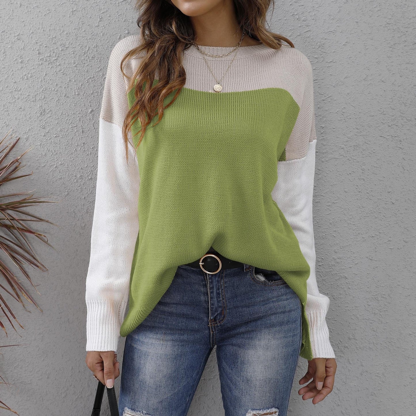 Street-wave Women Color Block Knit Sweater Crew Neck Loose Fit Casual Cozy Pullover