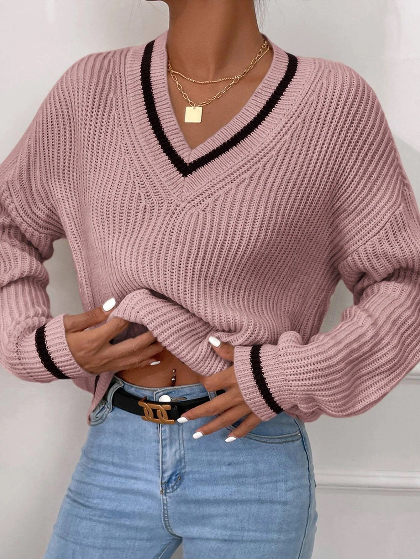 Street-wave Patchwork V-Neck Pullover Cozy Chic Women