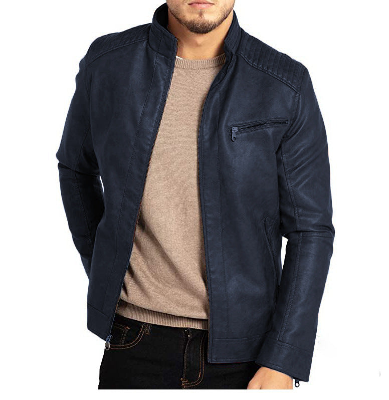 Street-wave PU Leather Jacket For Elegant Men With Stand Collar And Zip Pockets Premium