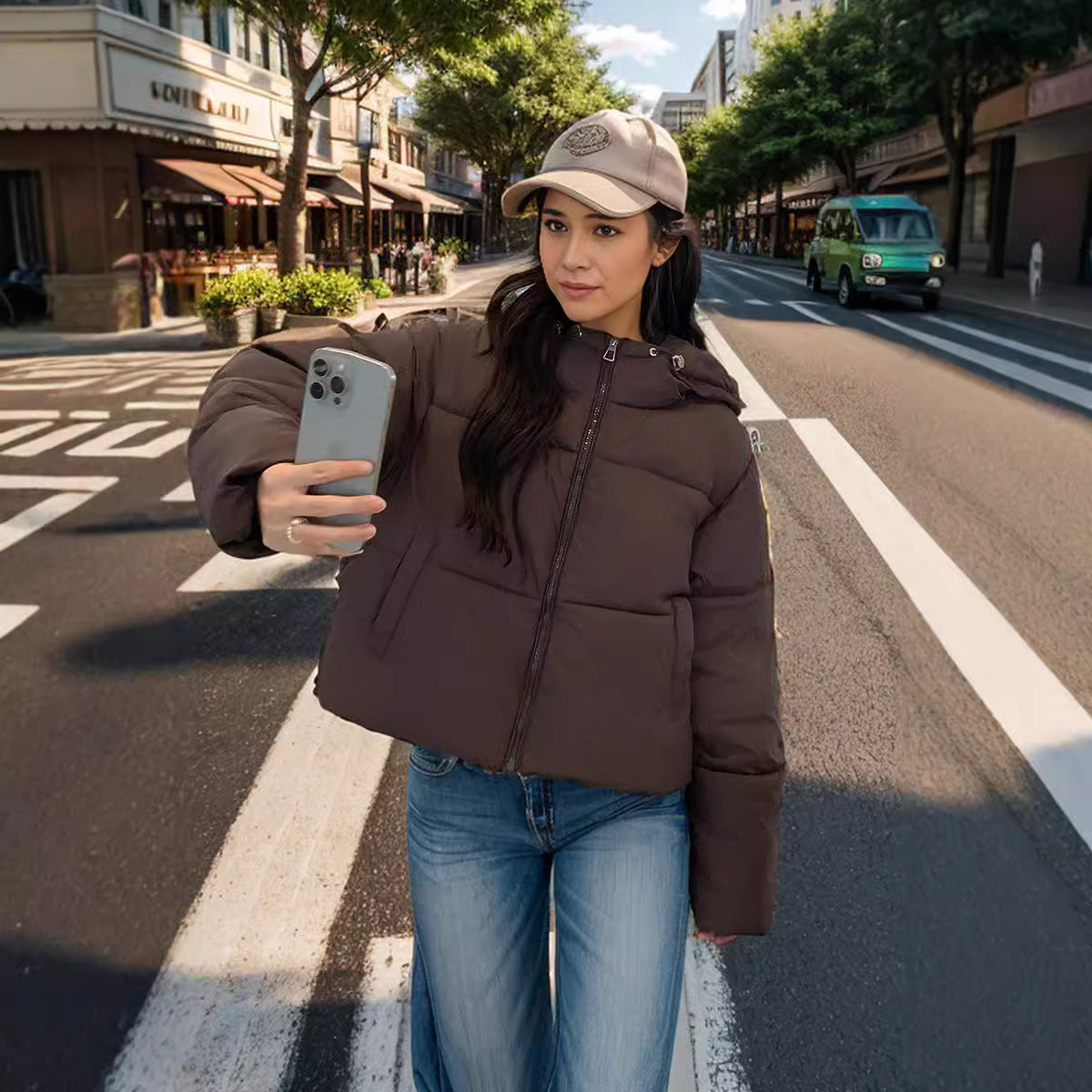 Street-wave Half-Placket Puffer Jacket Women Slim Fit Down Coat For Urban Chic Warmth