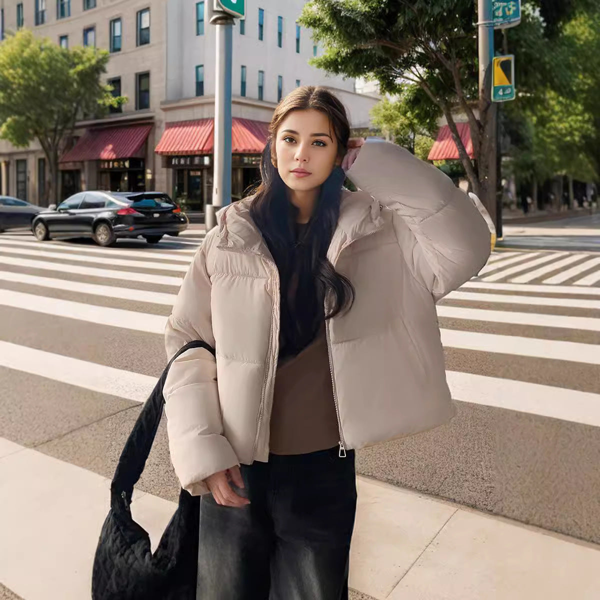 Street-wave Half-Placket Puffer Jacket Women Slim Fit Down Coat For Urban Chic Warmth