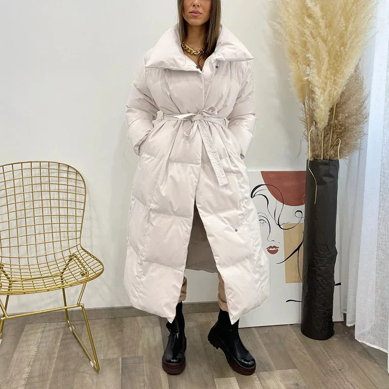Street-wave Belted Puffer Coat For Women Long Warm Winter Jacket Chic Cozy Durable Insulated