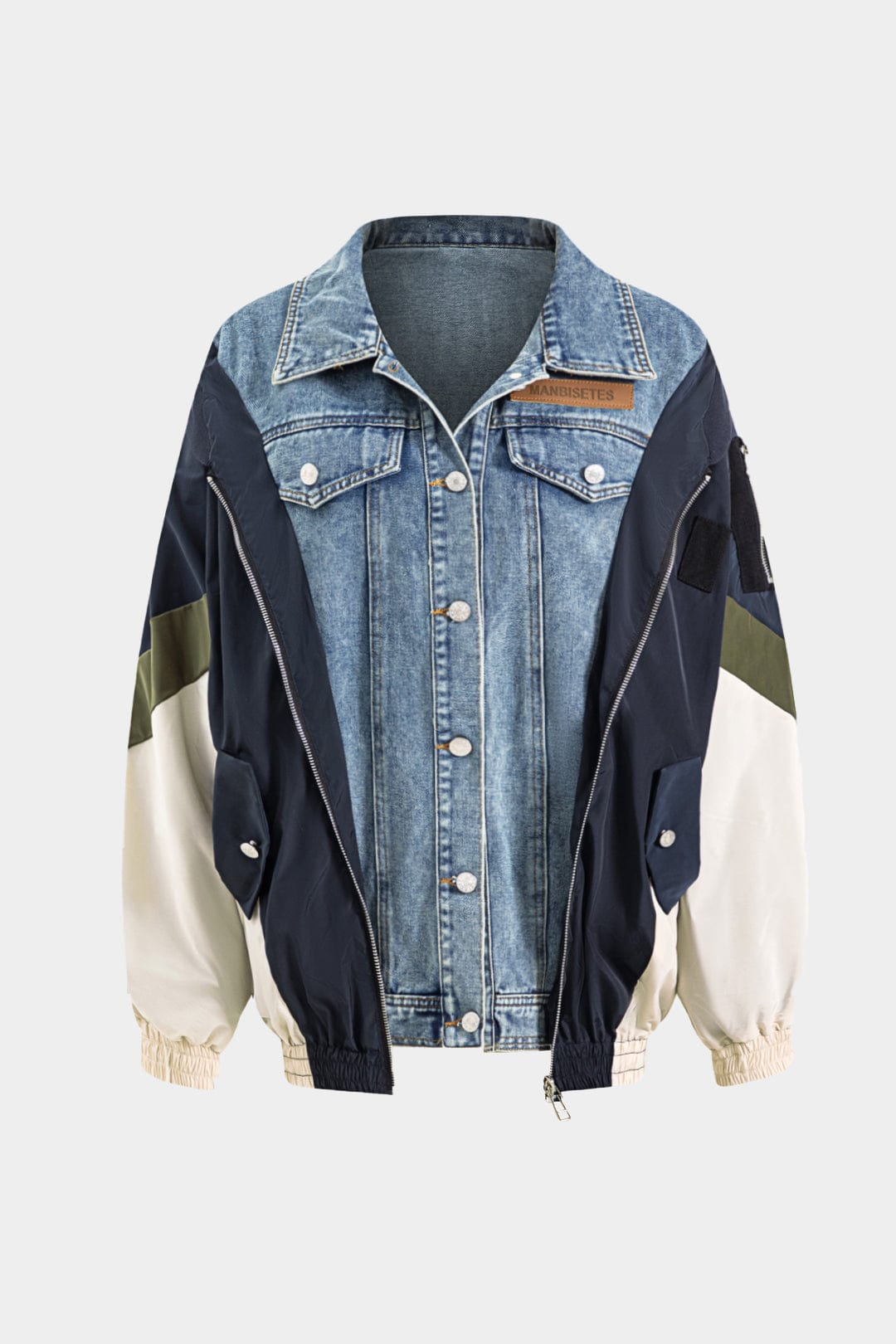 Streetwave Patchwork Denim Nylon Jacket Durable Multi Panel Urban Streetwear For Unisex Trendsetters