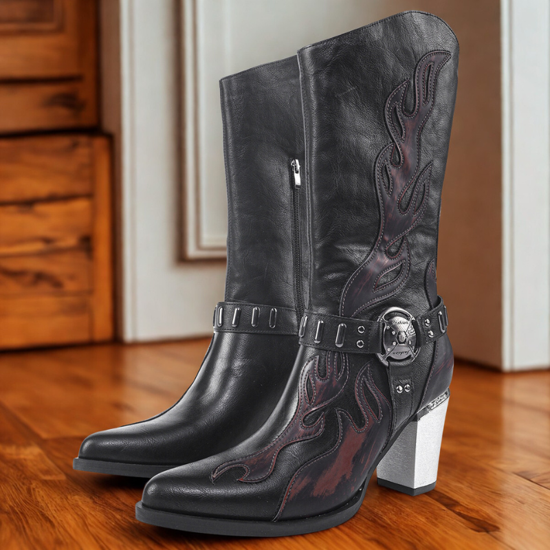 Street Wave Leather Mid Calf Boots With Pointed Toe And Metallic Block Heel For Elegant Women