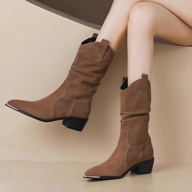 Street Wave Chic Suede Ankle Boots With Metal Toe Guard Pointed Toe And Block Heel For Women