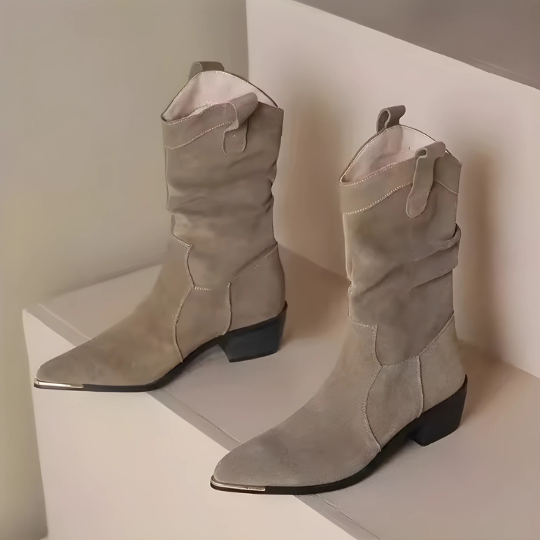 Street Wave Chic Suede Ankle Boots With Metal Toe Guard Pointed Toe And Block Heel For Women