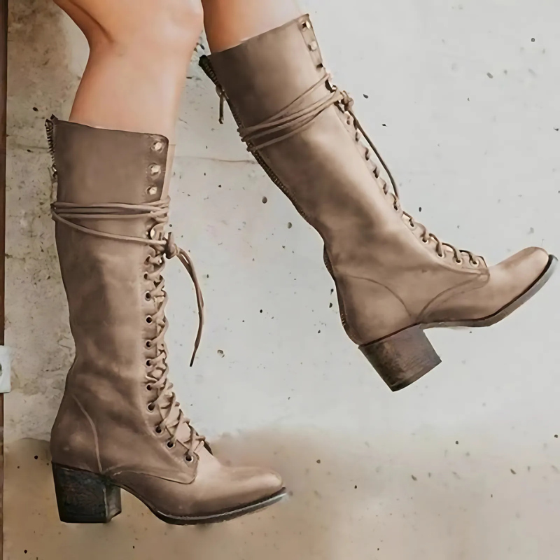 Street-Wave Knee High Lace-Up Boots With Back Zip Sturdy Block Heel For Fashion-Forward Women