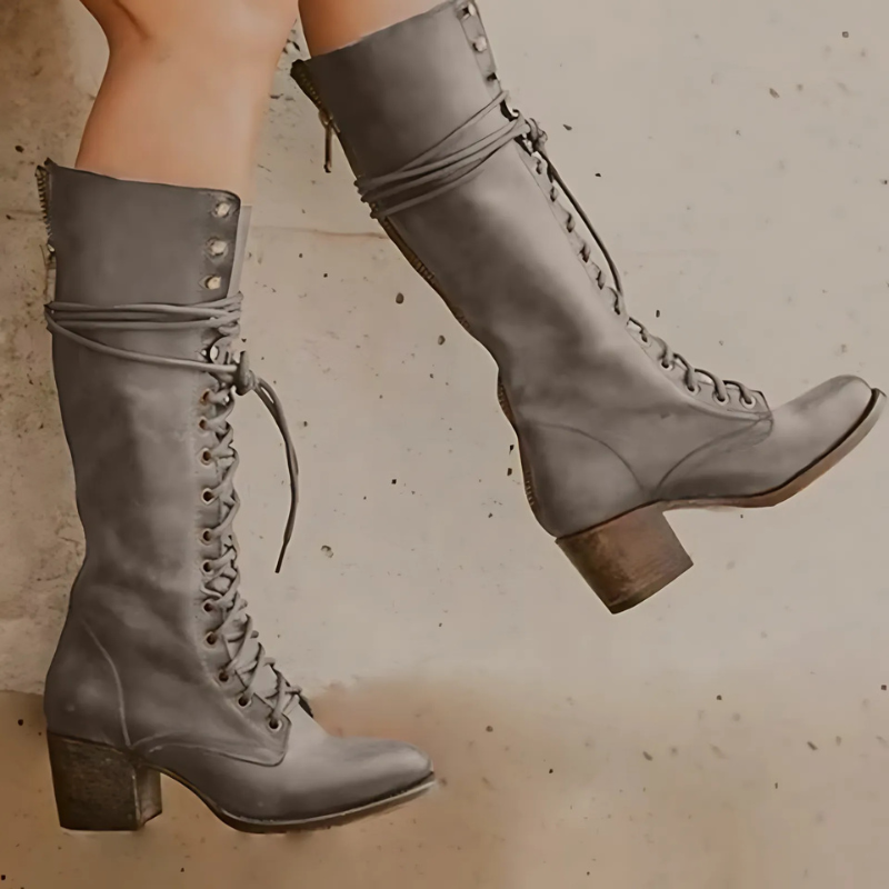 Street-Wave Knee-High Lace-Up Boots With Block Heel And Back Zipper For Women Everyday Streetwear Chic