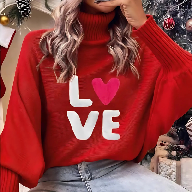 Street-Wave Womens Turtleneck Sweater With Love Print Cozy Long Sleeve Knit For Her Trendy Gift
