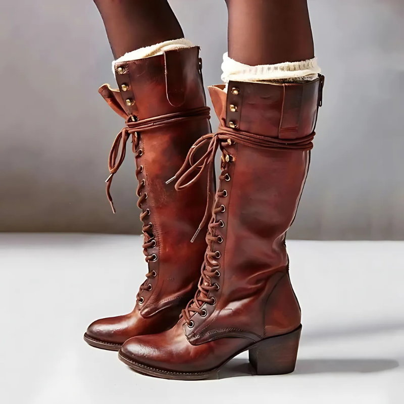 Street-Wave Knee High Lace-Up Boots With Back Zip Sturdy Block Heel For Fashion-Forward Women
