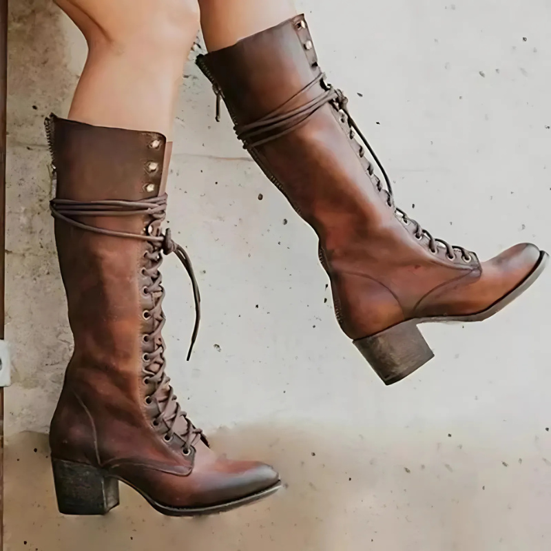 Street-Wave Knee-High Lace-Up Boots With Block Heel And Back Zipper For Women Everyday Streetwear Chic