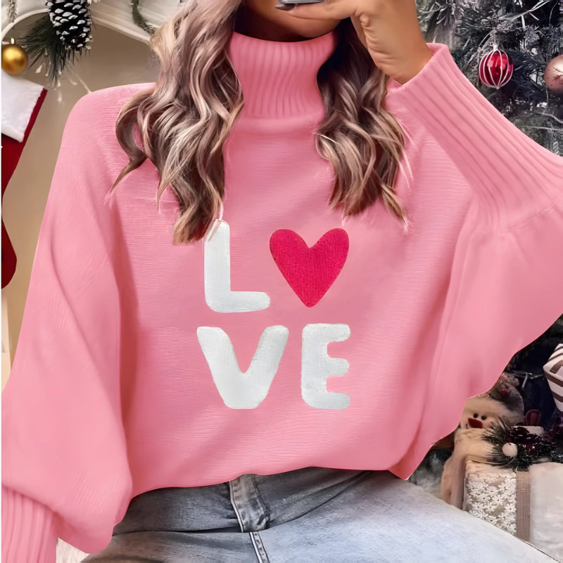 Street-Wave Womens Turtleneck Sweater With Love Print Cozy Long Sleeve Knit For Her Trendy Gift