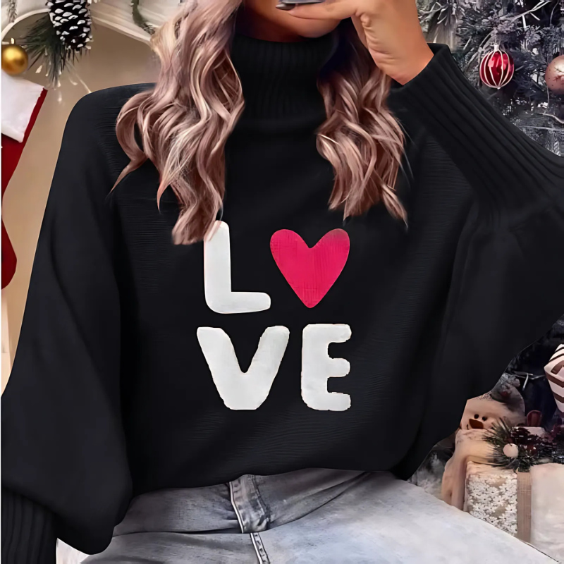 Street-Wave Womens Turtleneck Sweater With Love Print Cozy Long Sleeve Knit For Her Trendy Gift