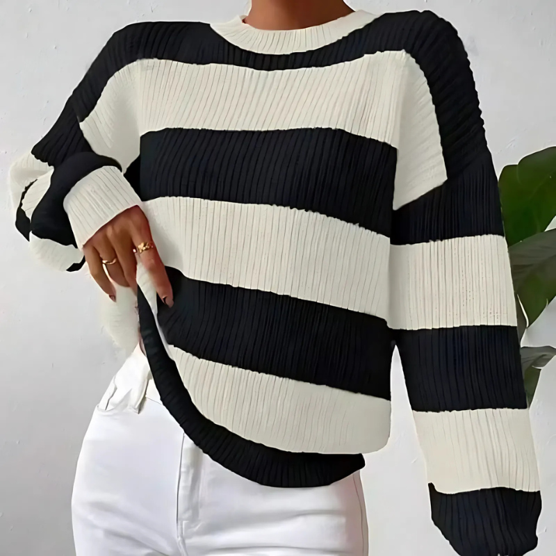 Street-Wave Striped Knit Sweater For Women Soft Cozy Long Sleeve Pullover Wardrobe Essential