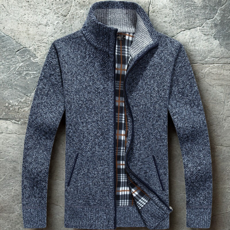 Men's Cardigan In Relaxed Fit With Textured Knit Zip Front Stand Collar And Ribbed Trim By Street-Wave