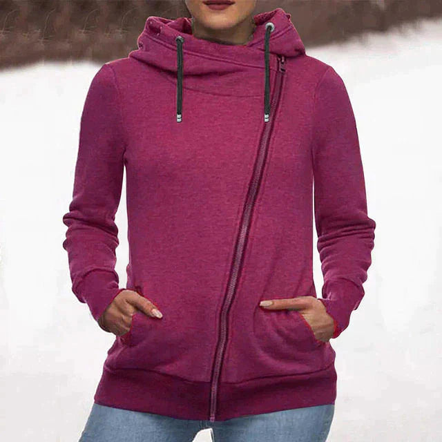 Street-Wave Cozy Warm Jacket For Women With Diagonal Zip Front Stylish Winter Coat
