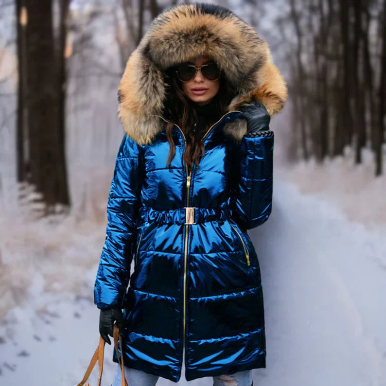 Street Wave Fur Trim Hooded Puffer Coat For Women Ultra Warm Shiny Winter Outerwear