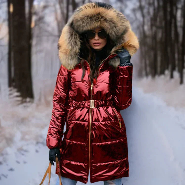 Street Wave Fur Trim Hooded Puffer Coat For Women Ultra Warm Shiny Winter Outerwear