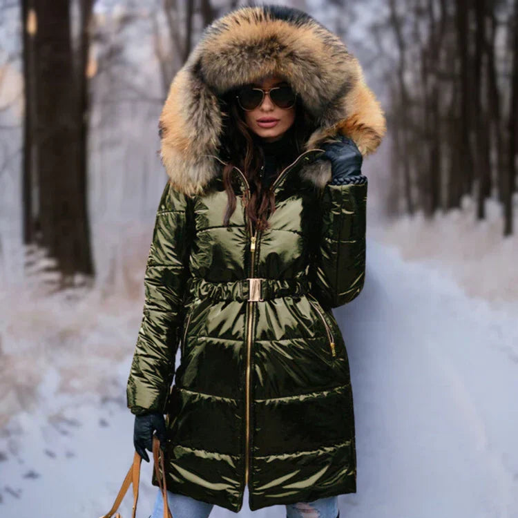 Street Wave Fur Trim Hooded Puffer Coat For Women Ultra Warm Shiny Winter Outerwear