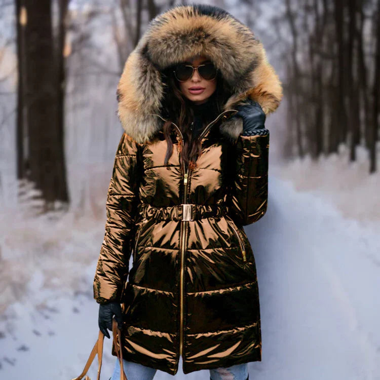 Street Wave Fur Trim Hooded Puffer Coat For Women Ultra Warm Shiny Winter Outerwear