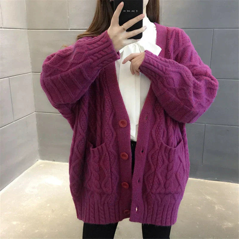 Street-wave Long Knitted Cardigan For Women Cozy Warmth With Large Pockets Stylish Knitwear