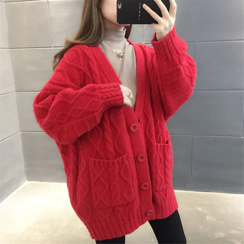 Street-wave Long Knitted Cardigan For Women Cozy Warmth With Large Pockets Stylish Knitwear