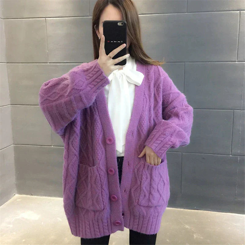 Street-wave Long Knitted Cardigan For Women Cozy Warmth With Large Pockets Stylish Knitwear