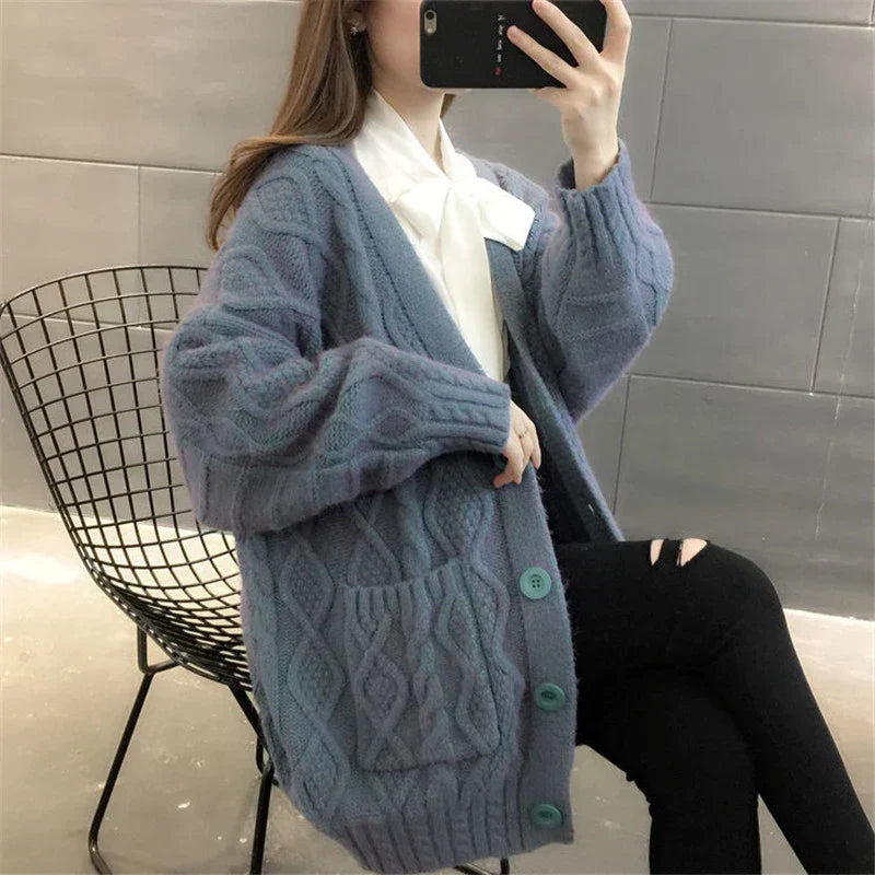 Street-wave Long Knitted Cardigan For Women Cozy Warmth With Large Pockets Stylish Knitwear