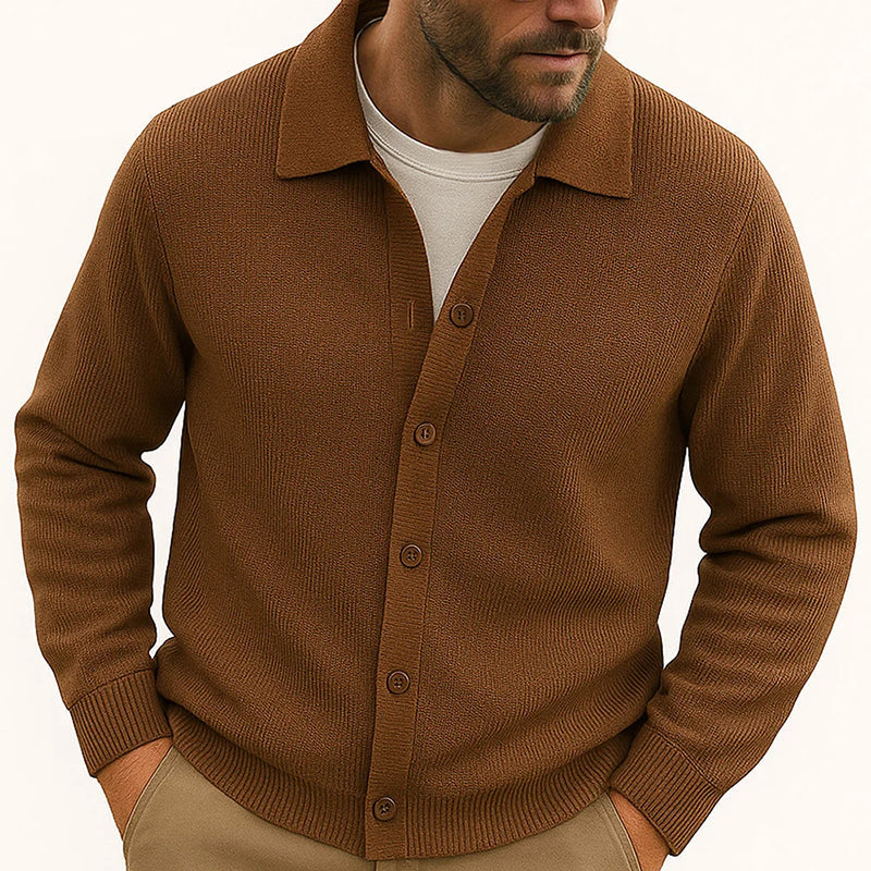 Street-Wave Mens Casual Knit Cardigan With Turn Down Collar Button Front Hip Length For Layering Warmth