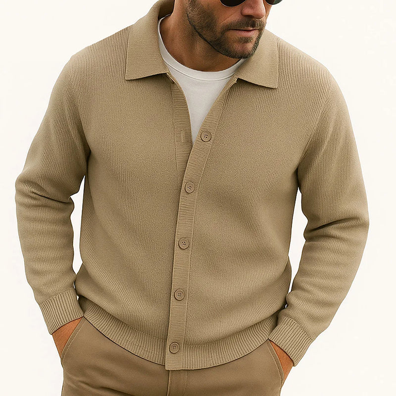 Street-Wave Mens Casual Knit Cardigan With Turn Down Collar Button Front Hip Length For Layering Warmth