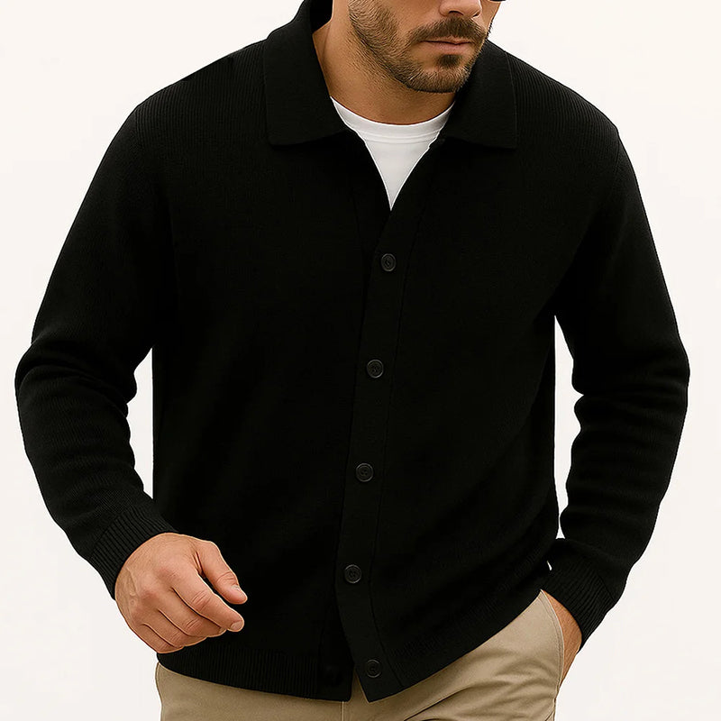 Street-Wave Mens Casual Knit Cardigan With Turn Down Collar Button Front Hip Length For Layering Warmth