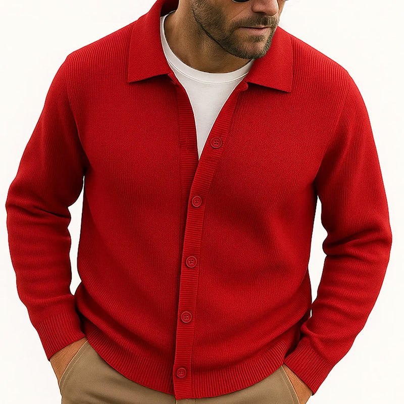 Street-Wave Mens Casual Knit Cardigan With Turn Down Collar Button Front Hip Length For Layering Warmth