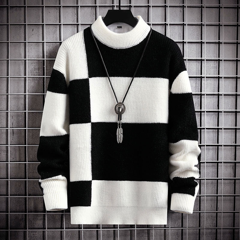 Street-Wave Men's Check Pattern Knit Sweater With Mock Neck Neutral Tones For Casual And Smart Layering
