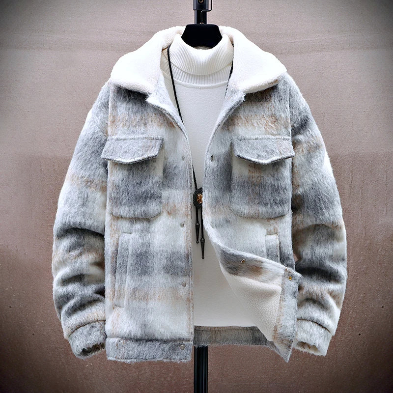 Men's Checkered Wool-Look Jacket With Fleece Lining Winter Weather Insulated Outdoor Cozy