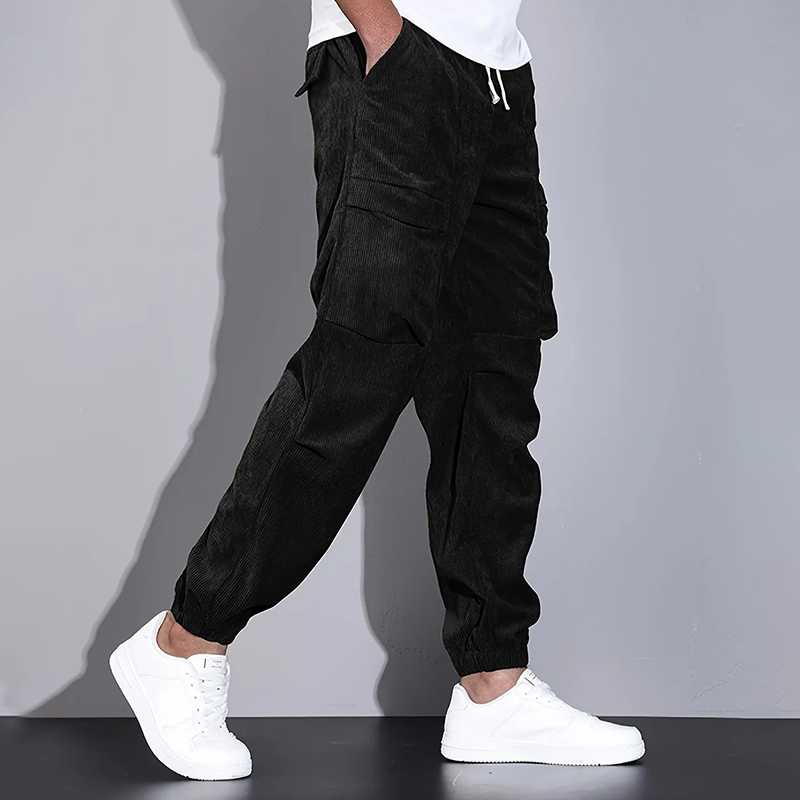 Men's Corduroy Cargo Jogger Pants With Drawstring Waist And Multiple Pockets For Casual Streetwear