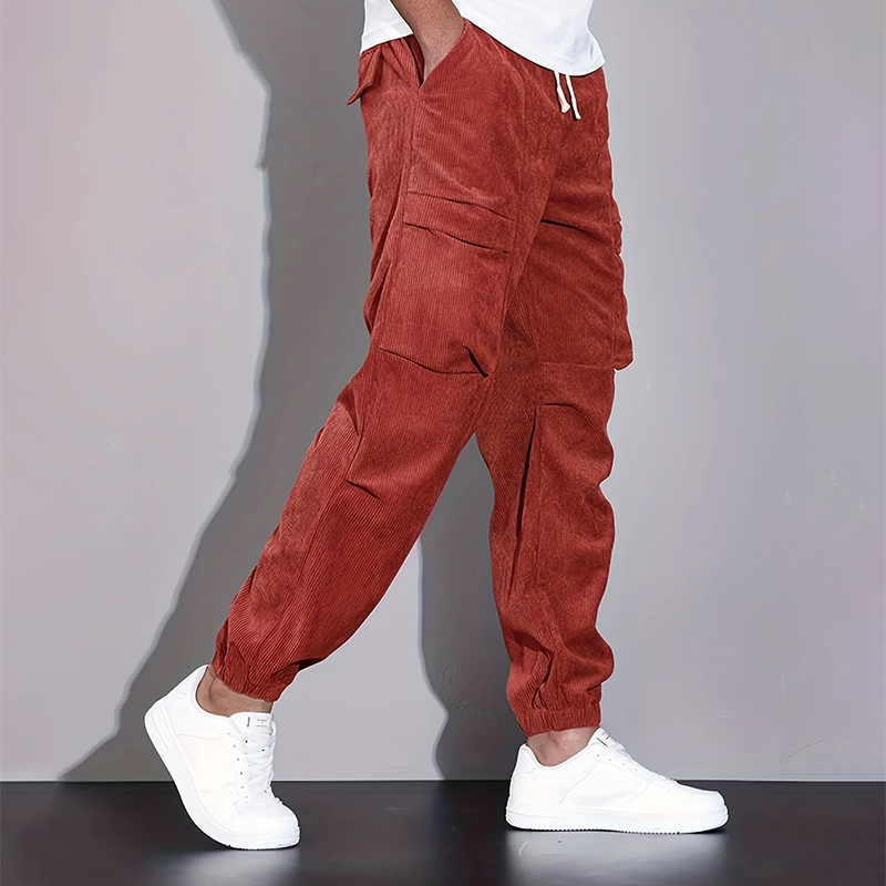 Men's Corduroy Cargo Jogger Pants With Drawstring Waist And Multiple Pockets For Casual Streetwear