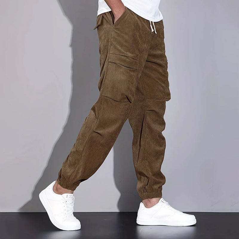 Men's Corduroy Cargo Jogger Pants With Drawstring Waist And Multiple Pockets For Casual Streetwear