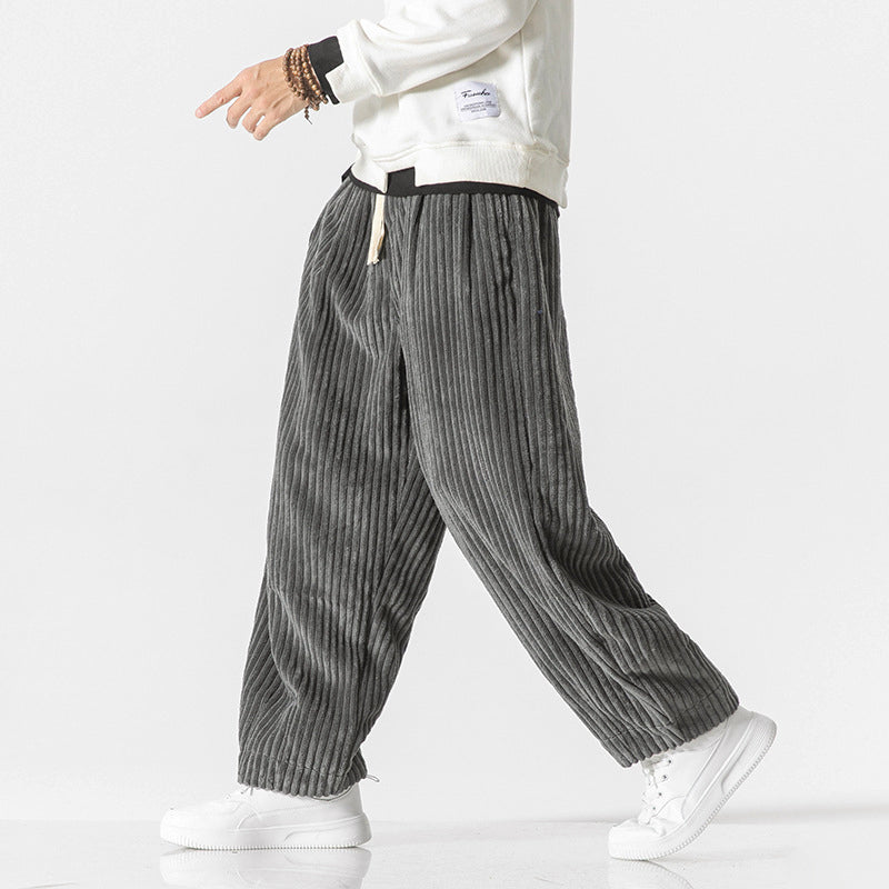 Men's Corduroy Wide Leg Pants With Elastic Waistband And Relaxed Fit Full Length Cotton