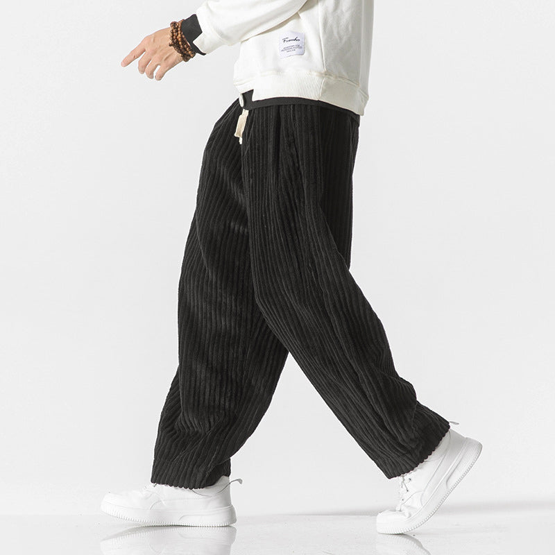 Men's Corduroy Wide Leg Pants With Elastic Waistband And Relaxed Fit Full Length Cotton