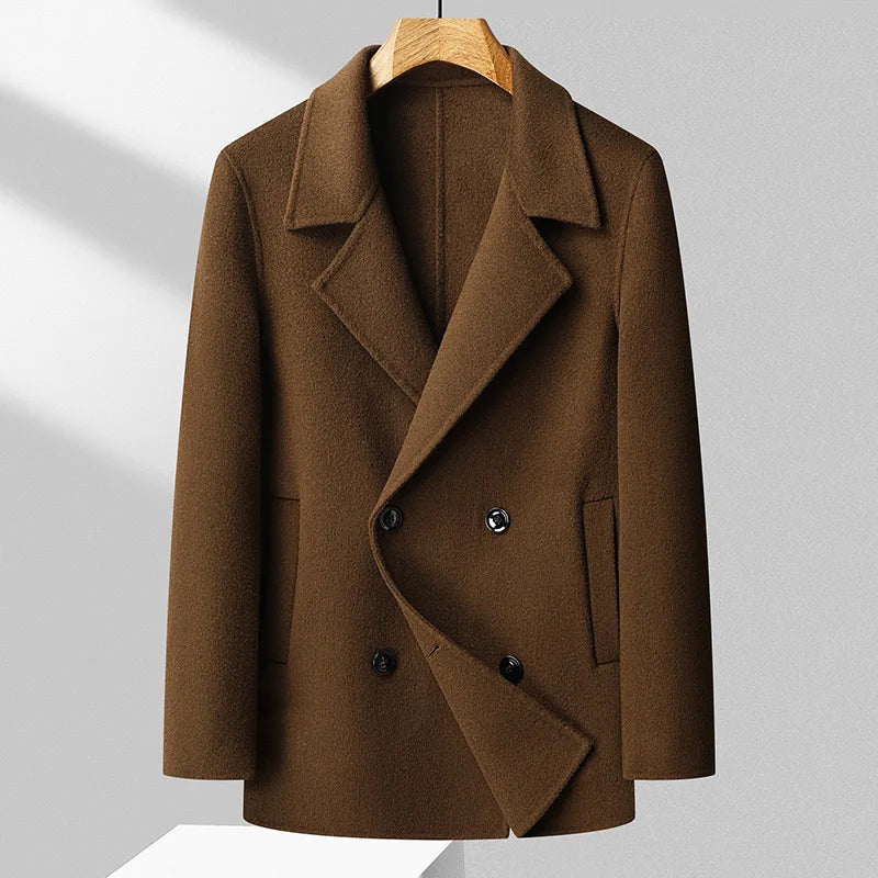 Men's Wool Blend Double-Breasted Coat With Lapel Collar For Office And Everyday Wear